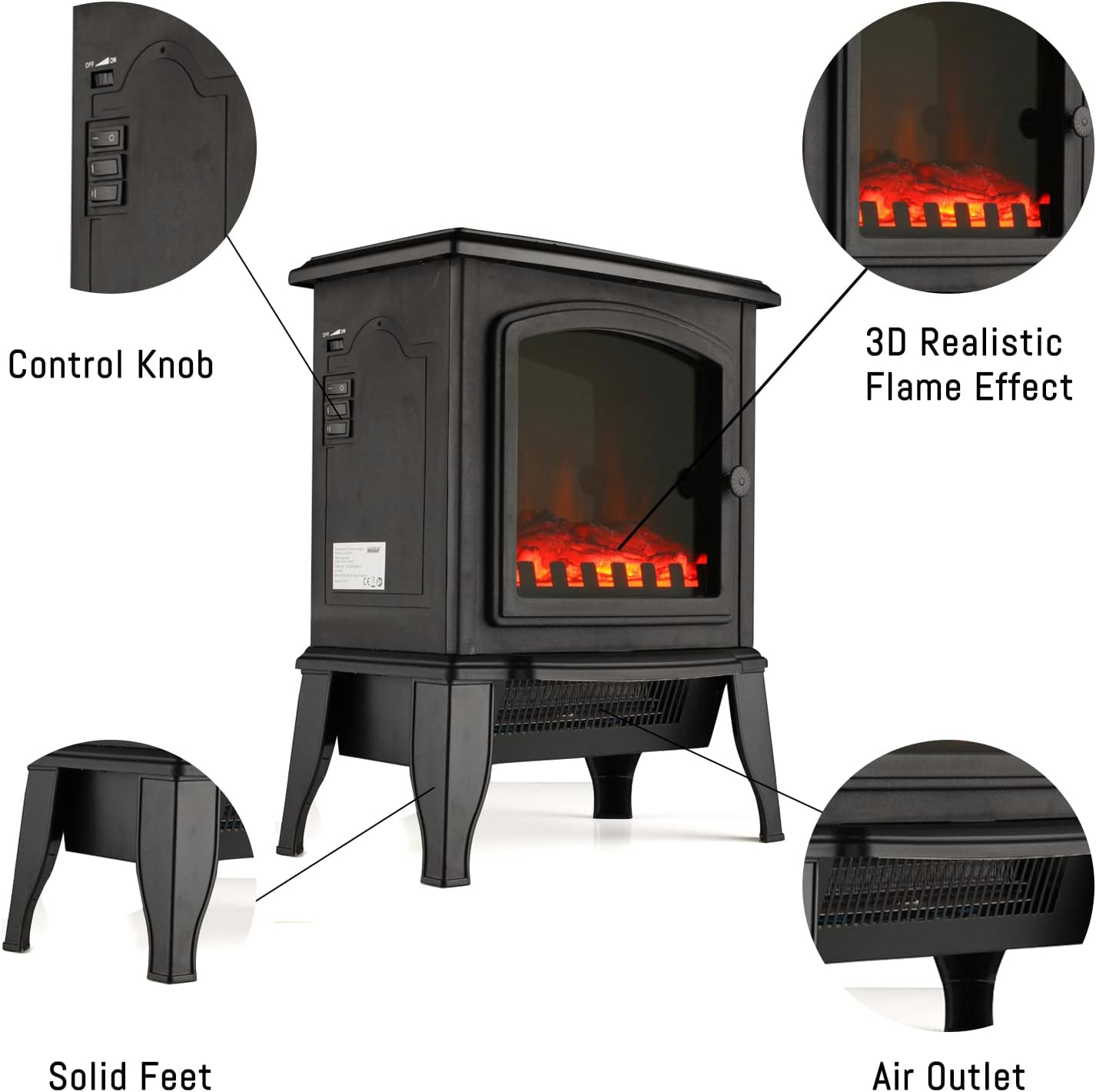 Electric Fireplace Heater ,Portable Electric Fireplace Stove Freestanding Fireplace with Realist Flame ,750W/1500W ,Indoor Use