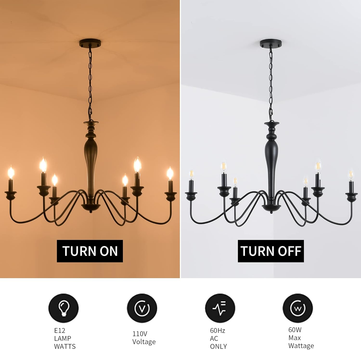 Farmhouse Chandeliers,6-Light Matte Black Candle Pendant Ceiling Light Fixture, Industrial Iron Rustic Chandeliers for Dining Room,Foyer,Bedroom,Living Room, Kitchen, Bar