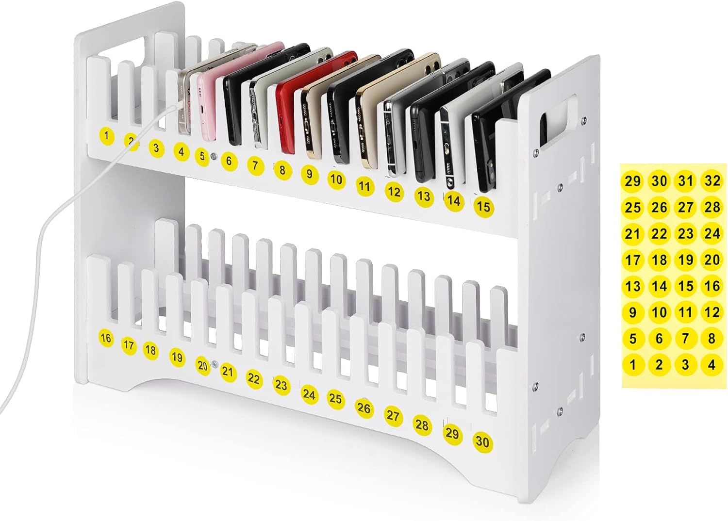 Ozzptuu Cell Phone Holder Classroom Cell Phone Storage 2-Tier Multiple Cell Phone Stand Rack with 1-30 Number Stickers PVC Board Mobile Phone Holder Desktop Organizer for Classroom Office (30 Slots)