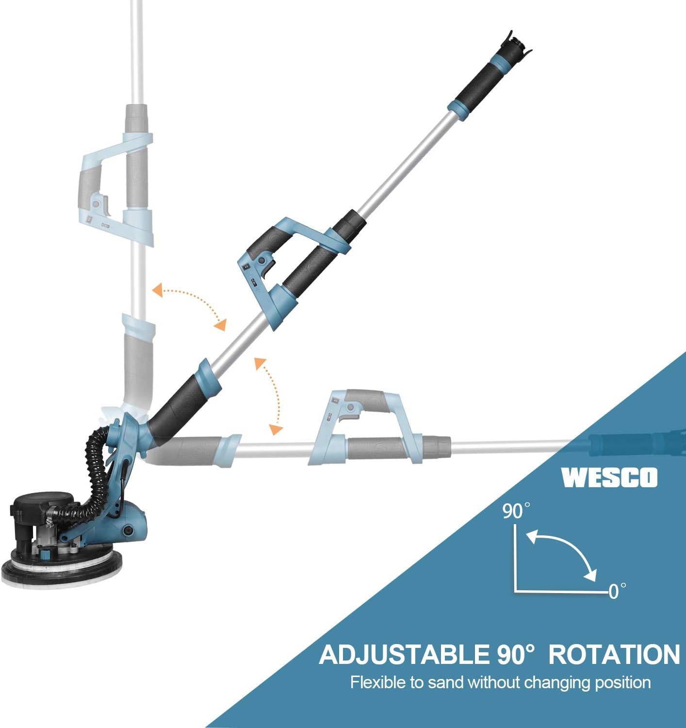 Drywall Sander, WESCO 6.5-Amp Electric Drywall Sander with Automatic Vacuum System, 6 Variable Speed, Extendable Aluminum Handle, LED Light, Dust Hose, 12-Piece Sanding Discs/WS4463KU