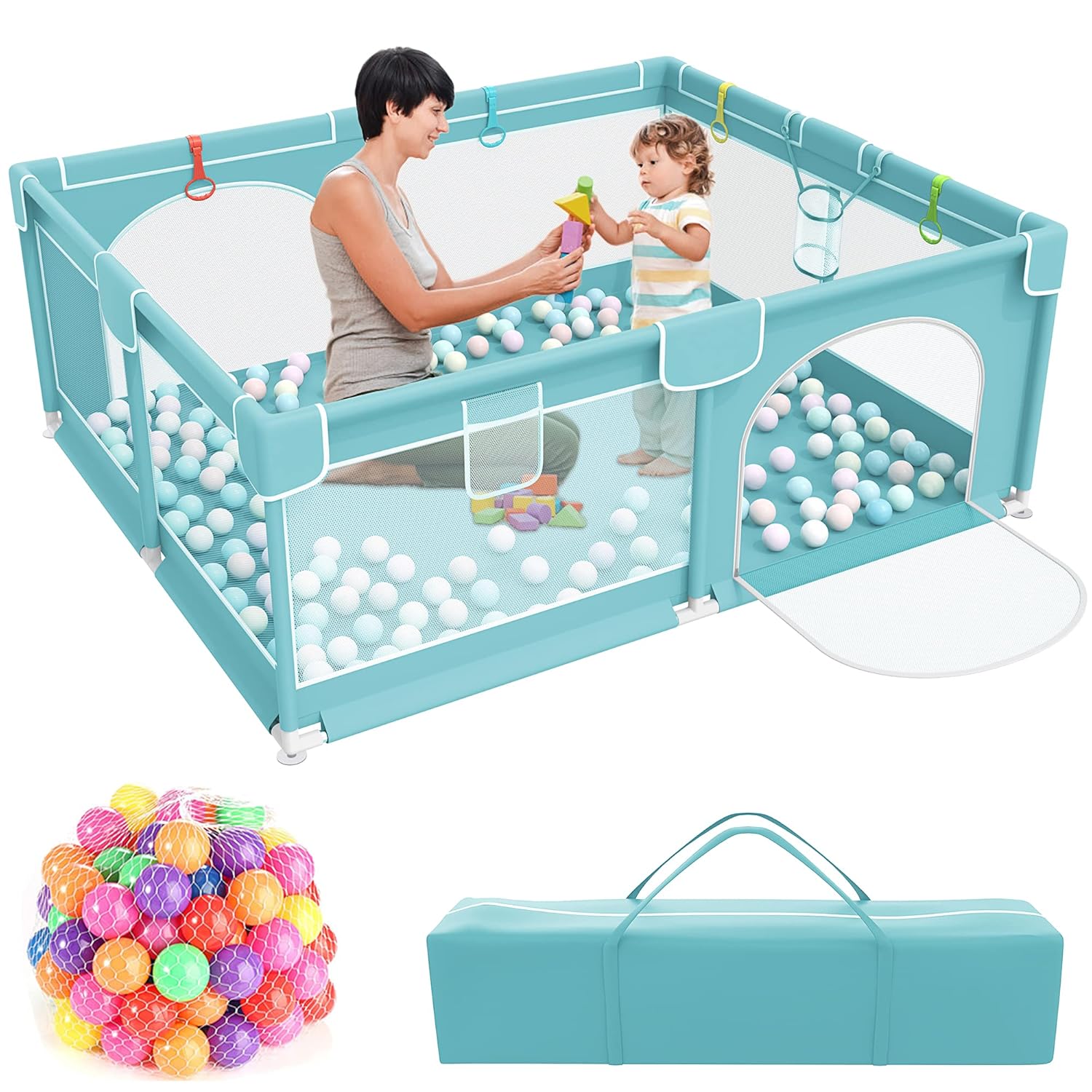 Baby Playpen,Kids Large Playard with 50PCS Pit Balls,Indoor & Outdoor Kids Activity Center,Infant Safety Gates with Breathable Mesh,Sturdy Play Yard for Toddler,Children's Fences Packable & Portable