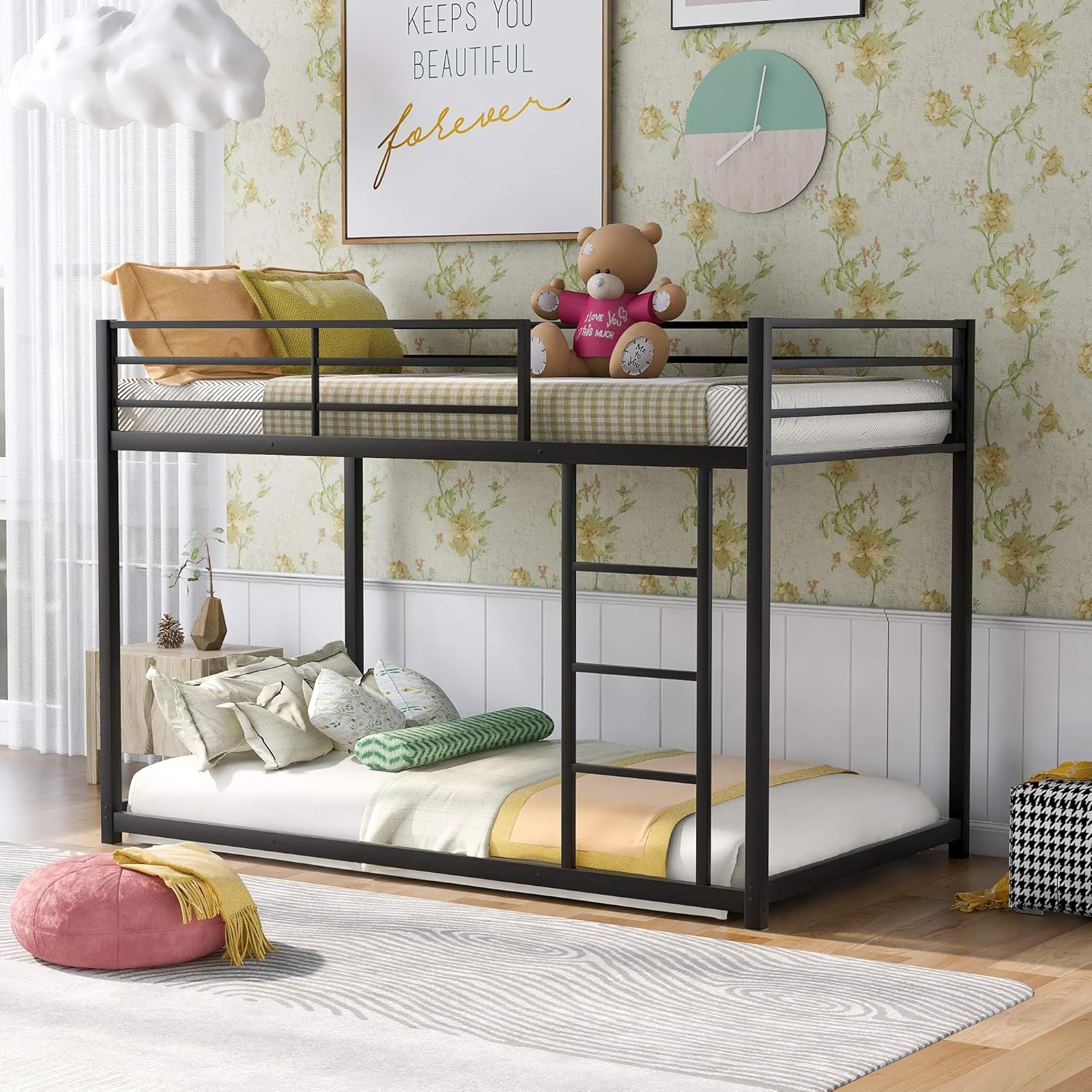 Merax Metal, Heavy Duty Low Bunk Bed with Safety Guard Rails and Ladder for Kids, Teens, Adults, No Box Spring Needed, Full Over Full, Black