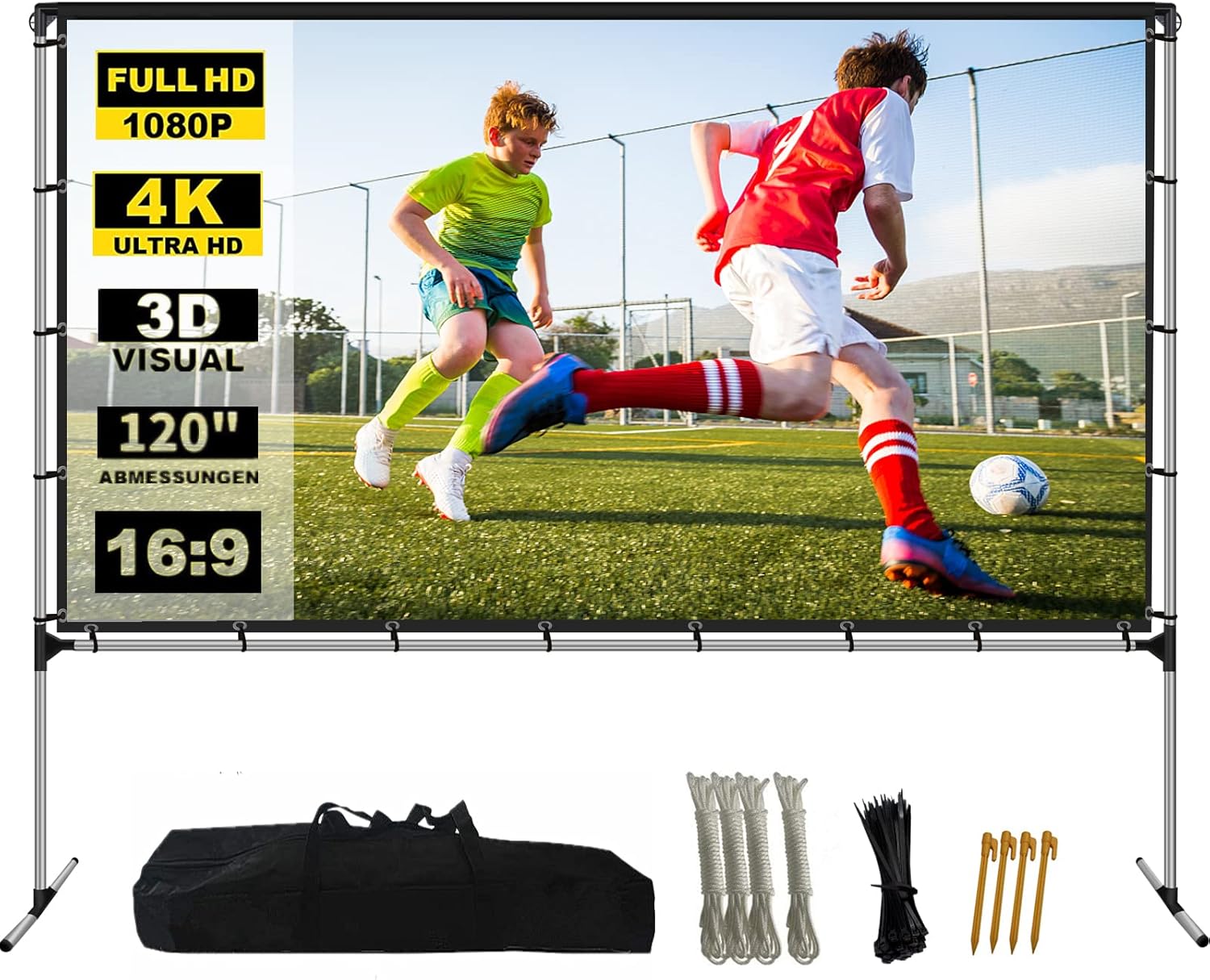 GYUEM Projector Screen with Stand Foldable Portable Movie Screen 120 Inch（16：9）, HD 4K Double Sided Projection Movies Screen with Carry Bag for Indoor Outdoor Home Theater Backyard Cinema Travel