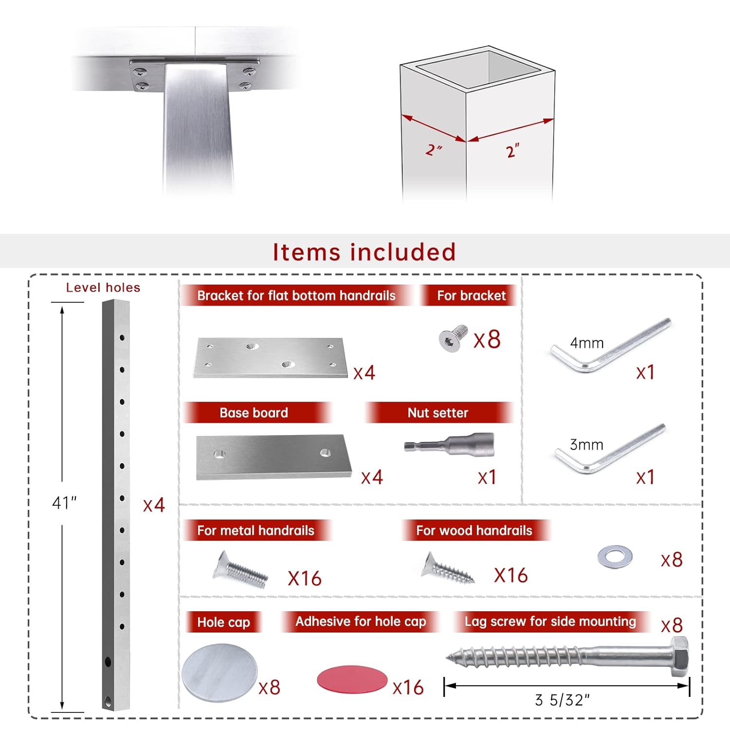 Muzata 4PACK Cable Railing Side Mounted Post Square Brushed 36''x2''x2'' Stainless Steel Pre-Drilled for Wood Concrete Surface Mount Level Deck Balustrade PF02 LH4S, PT1 PT2 PT5