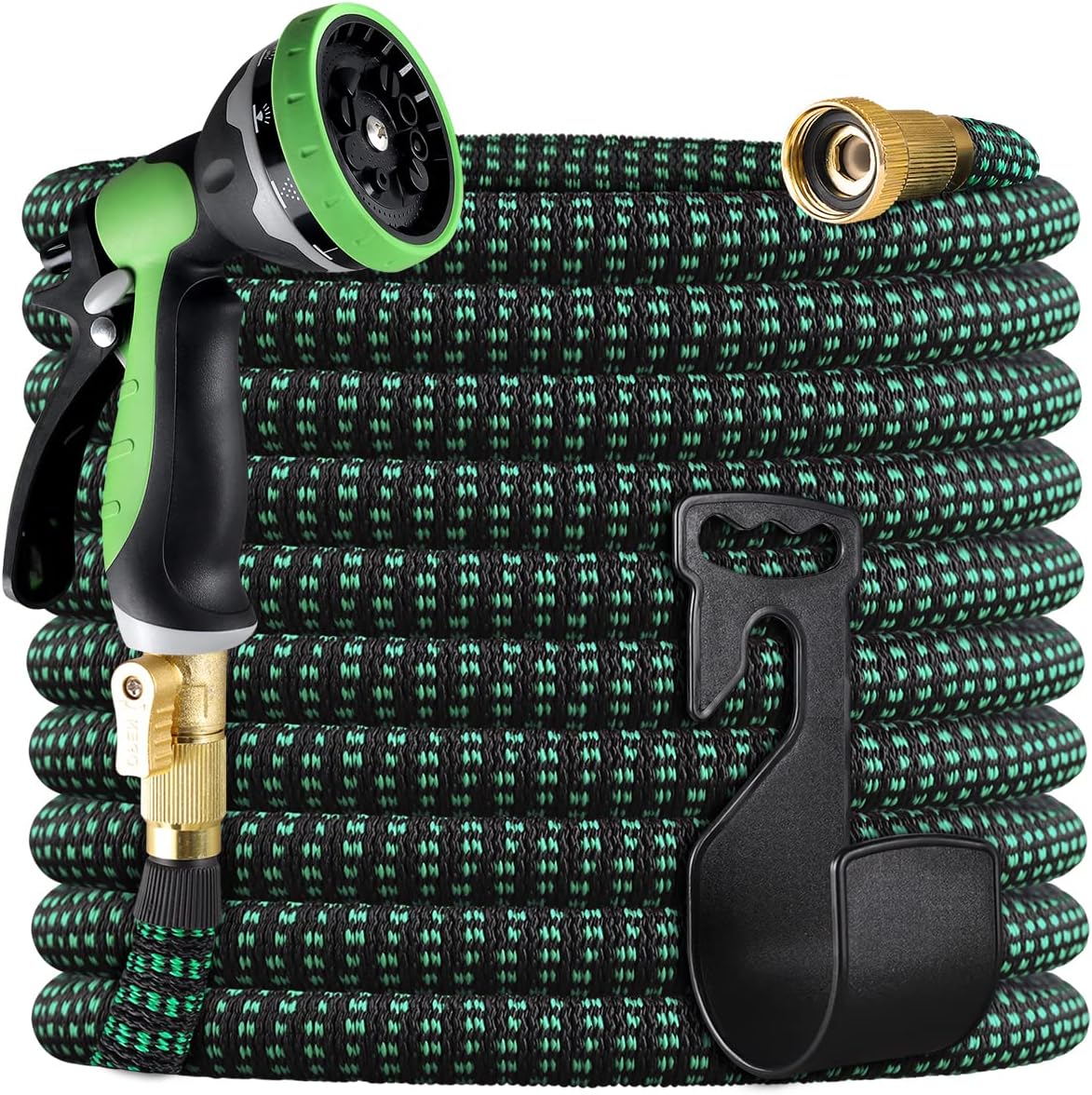 Knoikos Expandable Garden Hose 100ft -Expanding Water Hose with 10 Function Nozzle -Lightweight No-Kink Flexible Hose with Solid Fittings Durable 3-Layer Latex Core Pack of 2