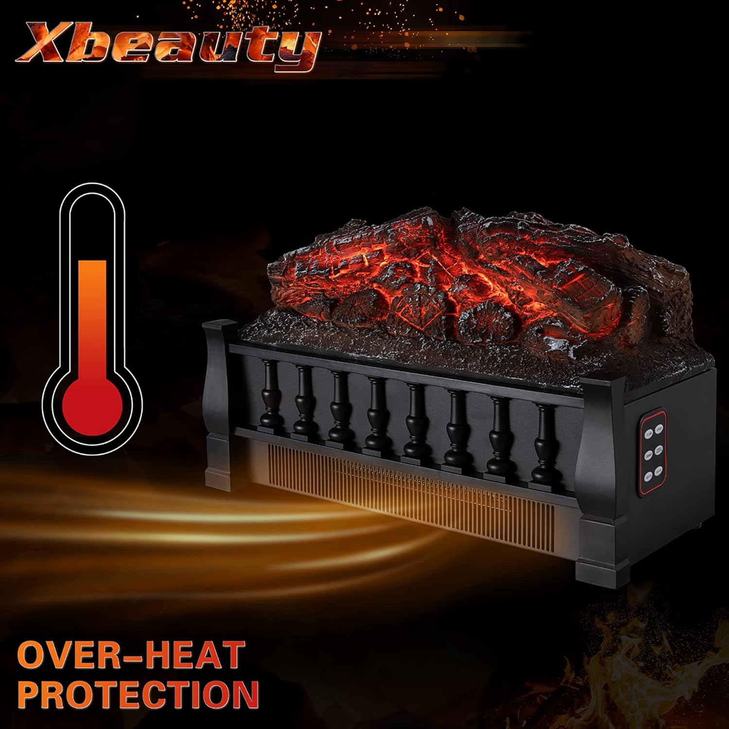Xbeauty Electric Fireplace Log, Electric Fireplace Log Set Heater with Remote Control, Realistic Flame&Ember Bed, Portable, Infrared, Thermostat, Overheating Safety System, 750W/1500W