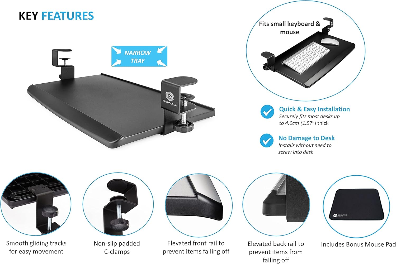 ErgoActive Keyboard Tray Under Desk with Included Mouse Pad and Easy Clamp On Installation, Fits Small Keyboard and Mouse - Small (20
