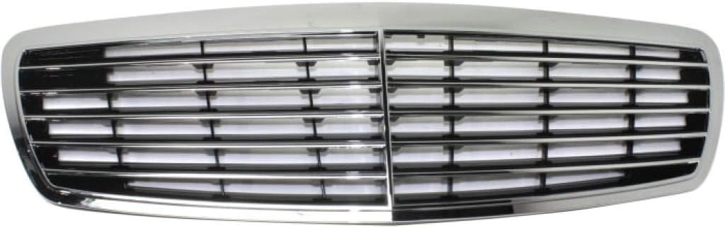 For Mercedes-Benz E55 AMG Grille Assembly 2000 2001 2002 | Chrome Shell w/Painted Black Insert | Elegance Package | Classic Model | Sedan | 210 Chassis | Plastic | MB1200119 | 2108800583