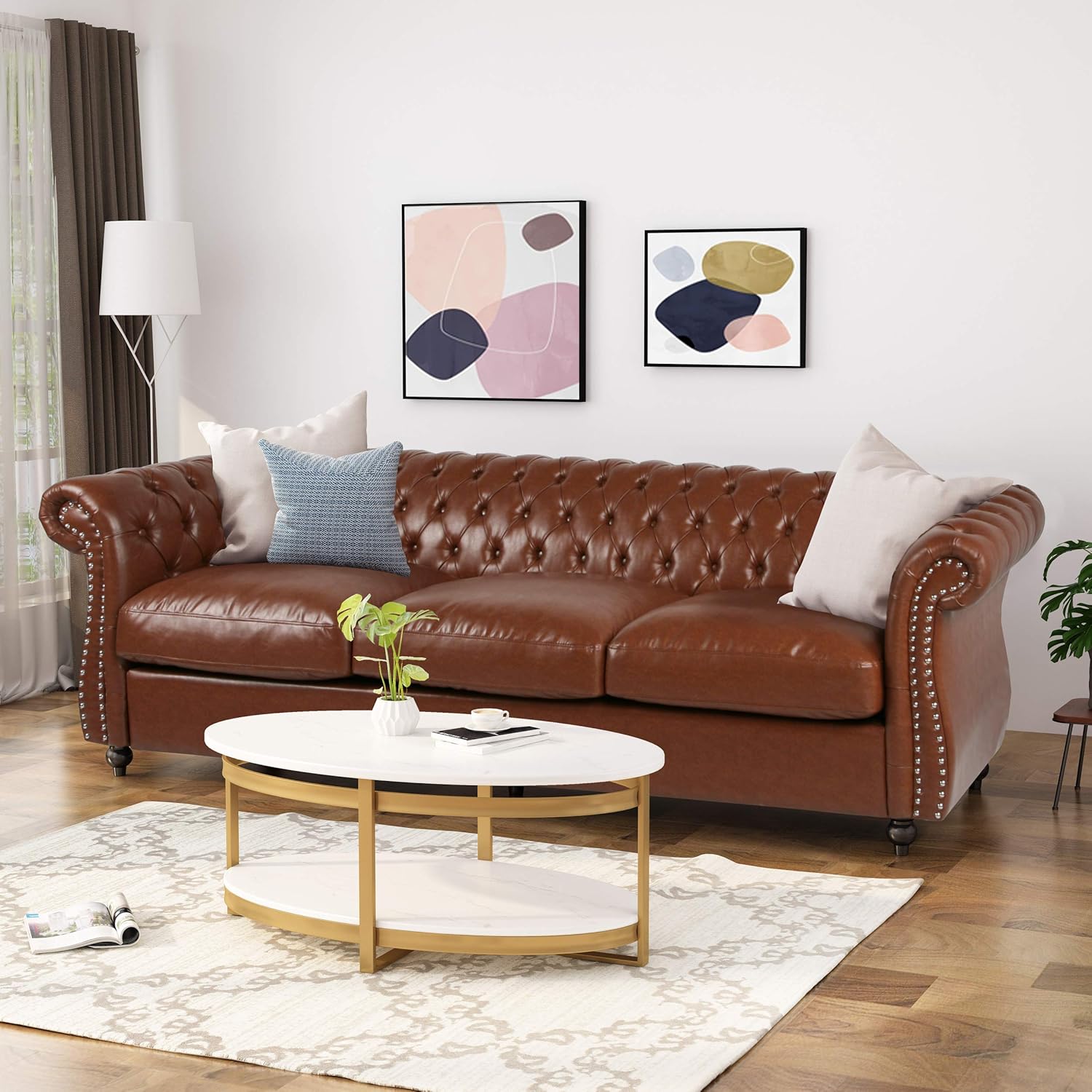 Christopher Knight Home Quentin Chesterfield Tufted Sofa with Scroll Arms, Cognac Brown, Dark Brown