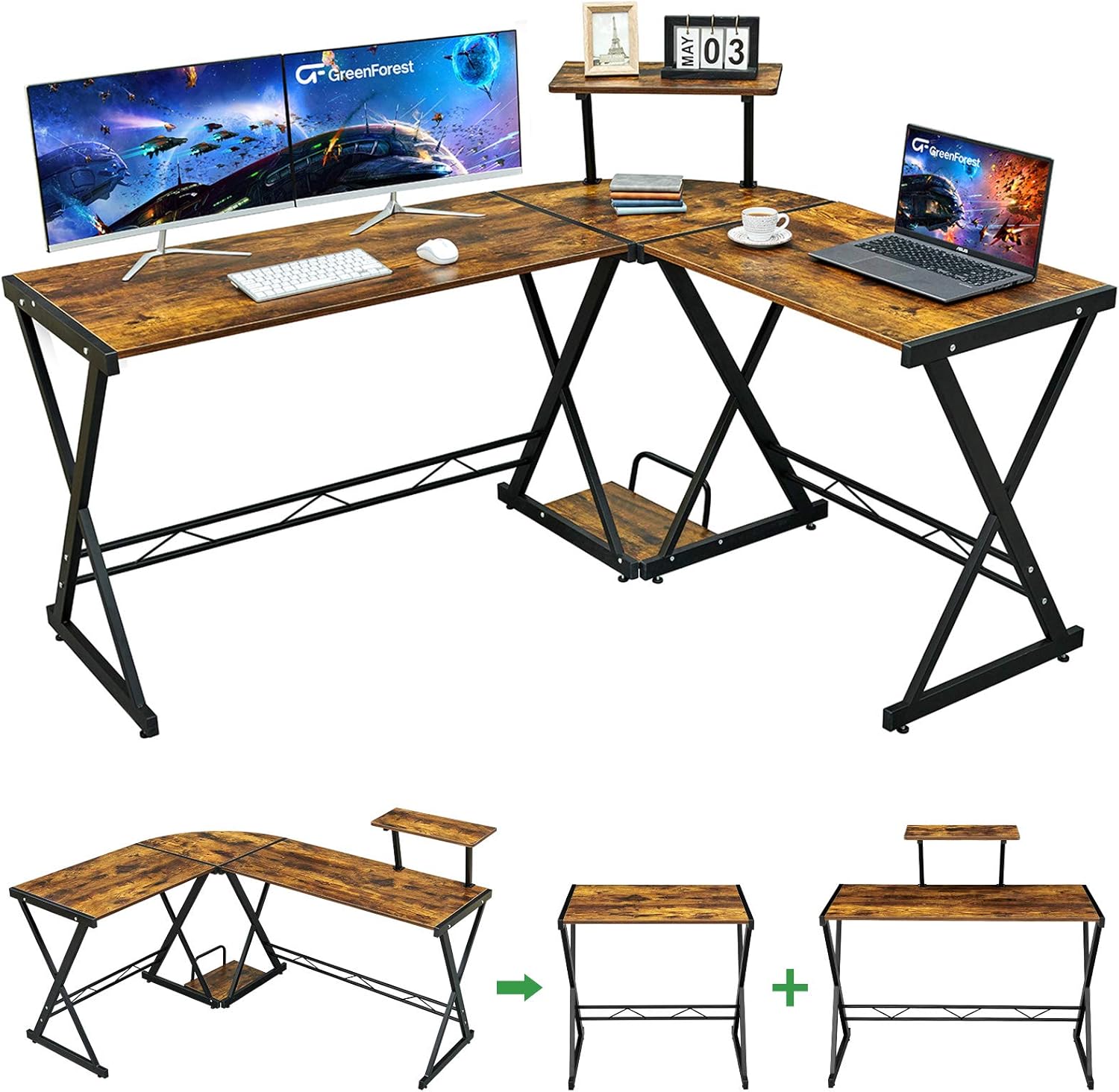 GreenForest L Shaped Desk 58 inch Reversible Corner Computer Desk with Movable Shelf and CPU Stand, Gaming Desk with Sturdy X Leg Space Saving Home Office Workstation Table, Rustic Brown