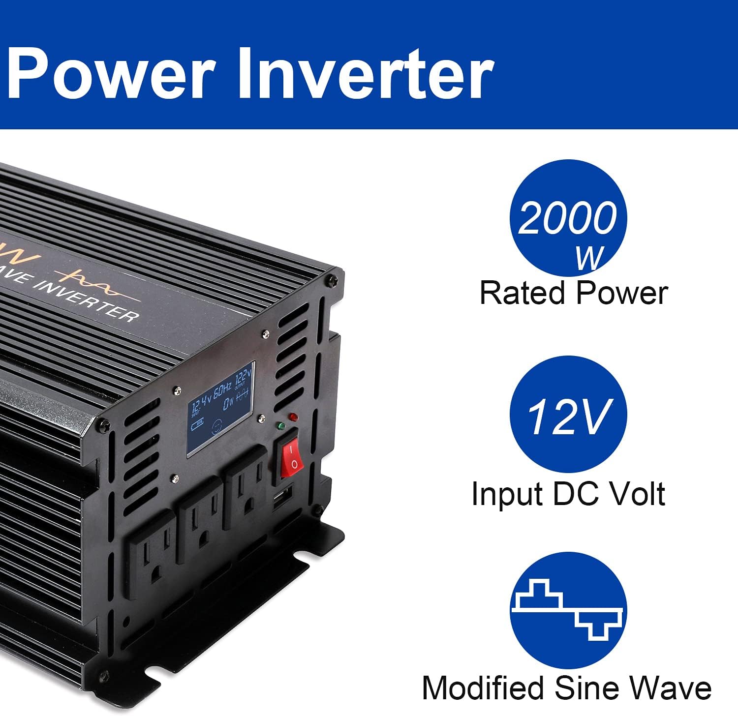 aeliussine 2000w Power Inverter 12v to 110v 120v Modified Sine Wave Power Inverter dc to ac Power Converter 3 ac Outlet (2000W 12V)