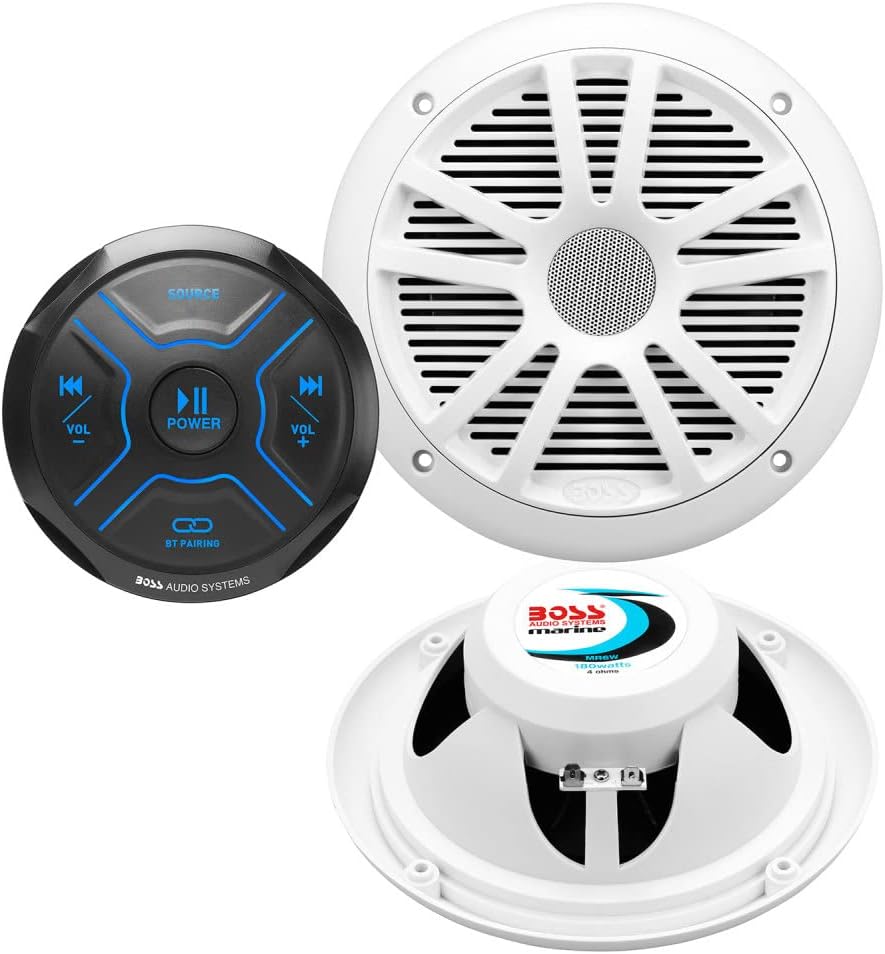 BOSS Audio Systems MG150W.6 Marine Speakers and Gauge Receiver (Built-in 2 CH Amplifier) Package &ndash; IPX6 Weatherproof, Bluetooth Audio, No CD, USB, Aux-in, 6.5 Inch Speakers, Full Range