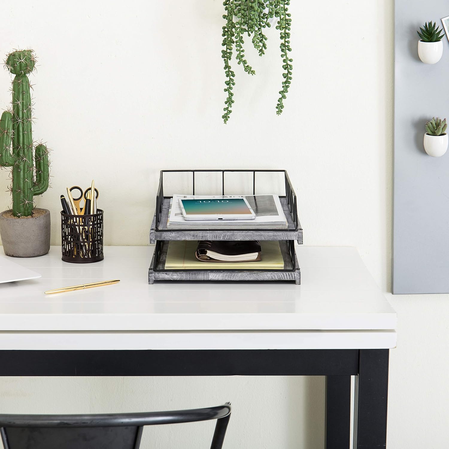 MyGift Set of 2 Vintage Gray Wood & Black Metal Stackable Document Trays Pack of 2