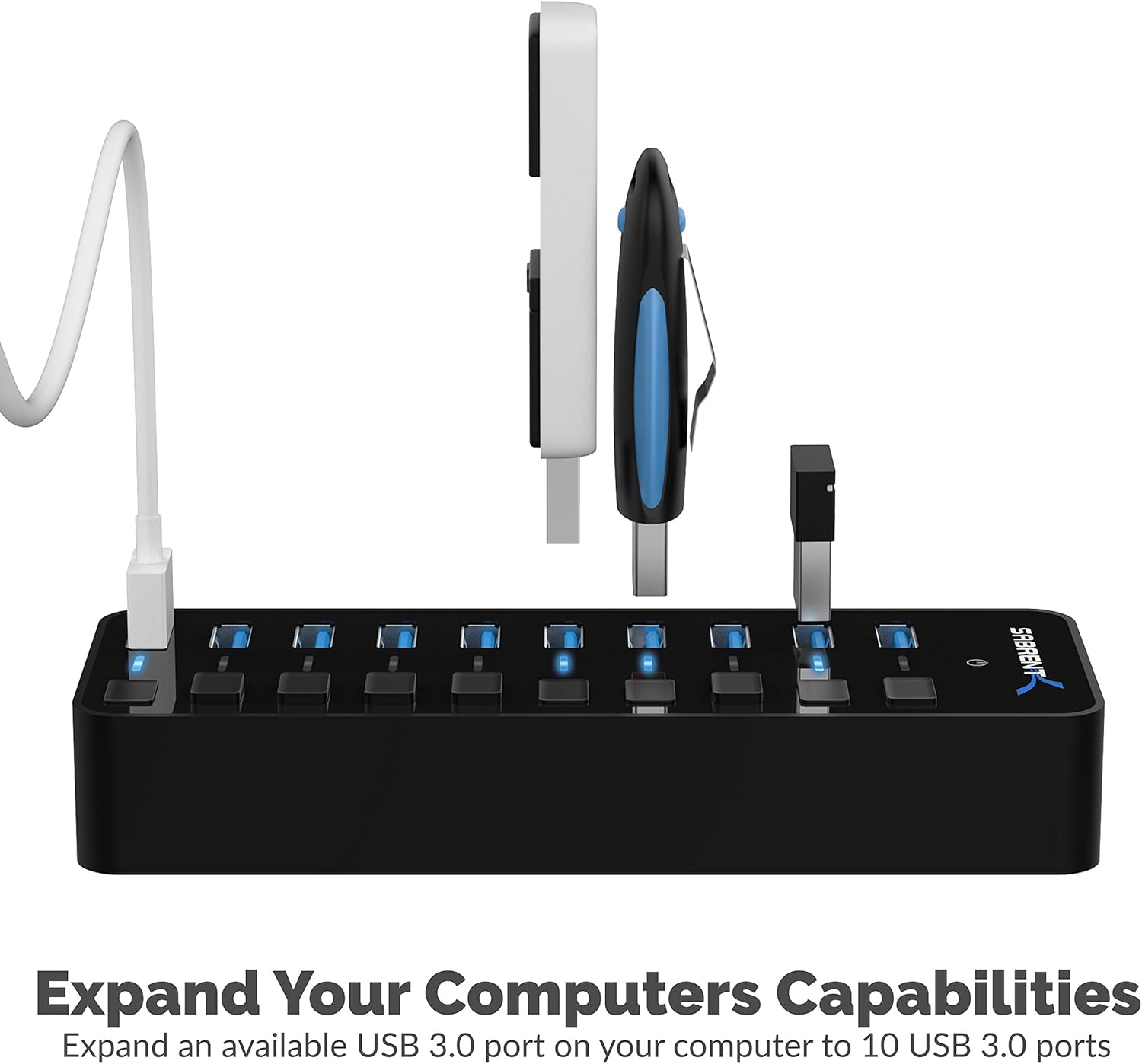 Sabrent 10-Port 60W USB 3.0 Hub with Individual Power Switches and LEDs Includes 60W 12V/5A Power Adapter (HB-BU10) Pack of 2