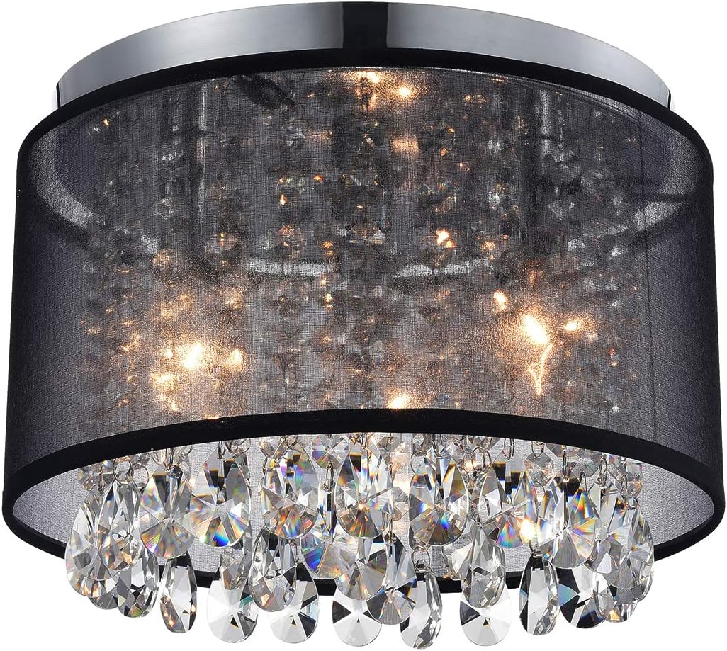 Black Mini Chandeliers Drum Gauze Crystal Modern Ceiling Light Fixture 3-Light for Bedroom Foyer