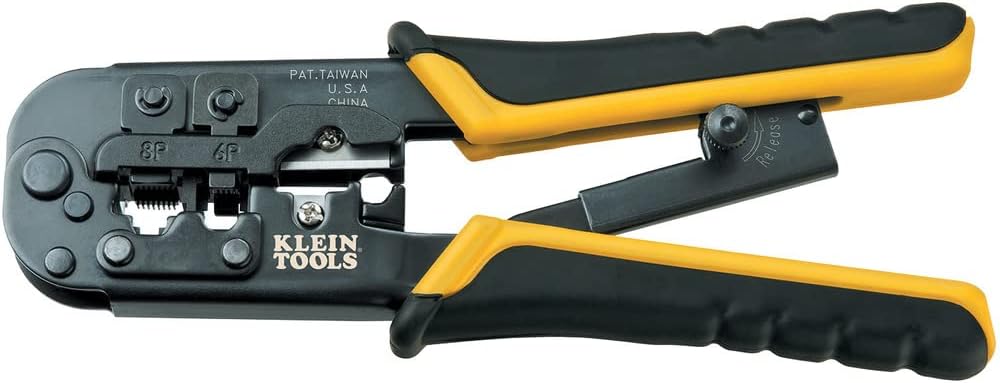 Klein Tools VDV226-107 Compact Ratcheting Modular Data Cable Crimper / Wire Stripper / Wire Cutter, CAT6, CAT5, CAT3, Flat-Satin Voice Cable