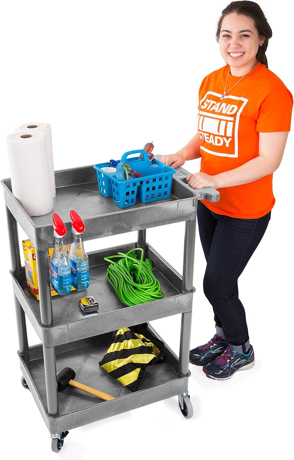 Tubstr Compact 3 Shelf Utility Cart | Heavy Duty Service Cart Supports up to 300 lbs! | Tub Cart with Deep Shelves | Great for Warehouse, Garage, Cleaning & More (3 Shelf/Gray / 24 x 18)