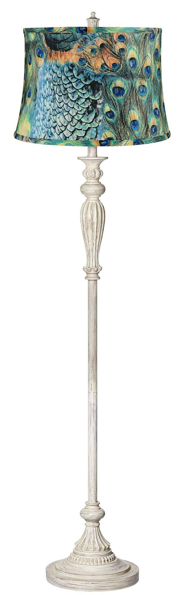 Peacock Print Shade Shabby Chic Antique White Floor Lamp