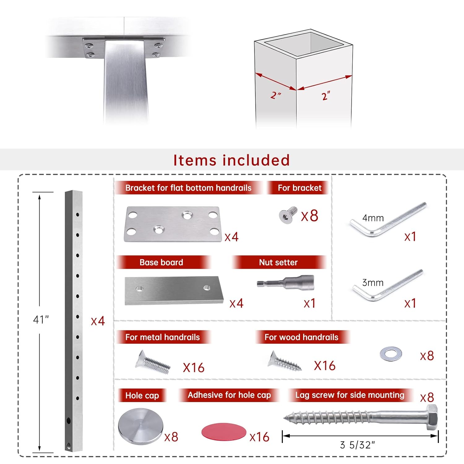 Muzata 4PACK Cable Railing Side Mounted Post Square Brushed 36''x2''x2'' Stainless Steel Pre-Drilled for Wood Concrete Surface Mount Level Deck Balustrade PF02 LH4S, PT1 PT2 PT5