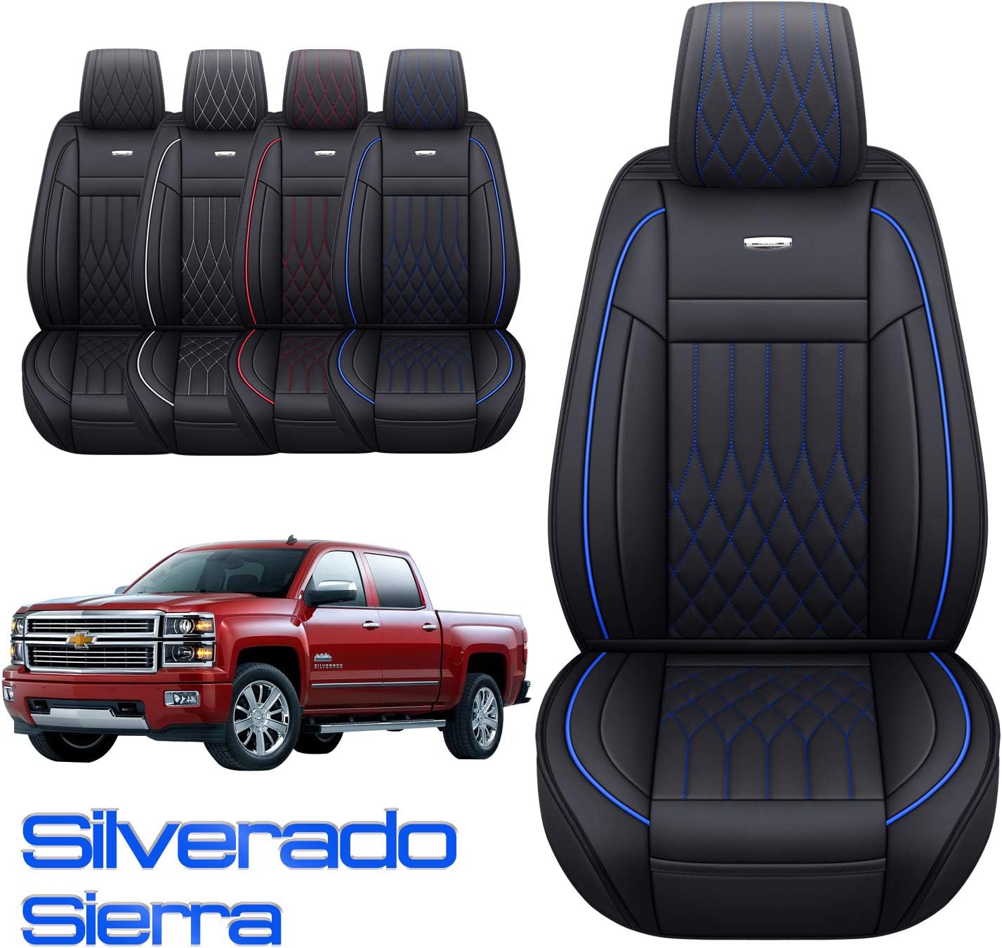 Aierxuan Chevy Silverado GMC Sierra Car Seat Covers Full Set with Waterproof Leather, Fit for 2007-2022 1500/2500 HD / 3500 HD Crew,Double,Extended Cab or Pickup Truck(Black and Red)