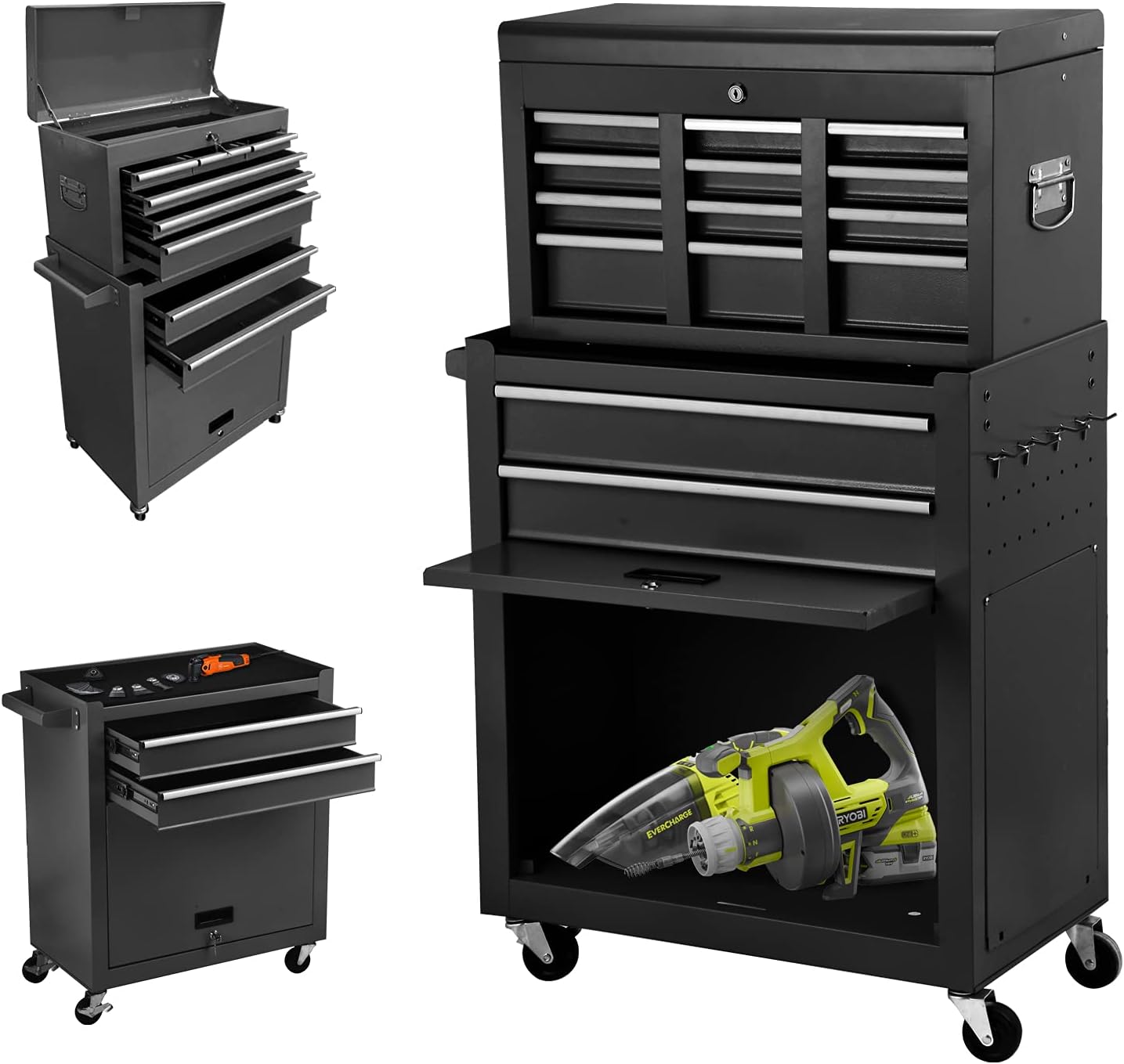 8-Drawer High Capacity Rolling Tool Chest, Removable Cabinet Storage Tool Box with Wheels and Drawers, Detachable Toolbox with Lock for Workshop Mechanics Garage (Black)