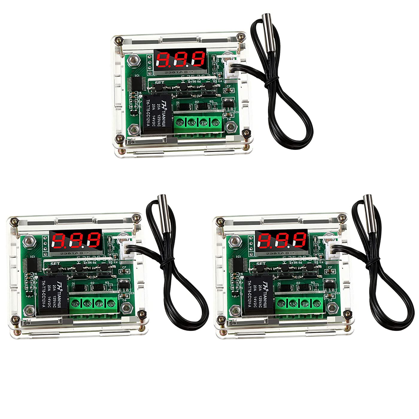 DaFuRui 3Pack W1209 Digital Temperature Controller Module with w1209 Case，Red Digital Display W1209 Temperature Control Module DC 12V with 30cm Waterproof -50~110℃ Probe