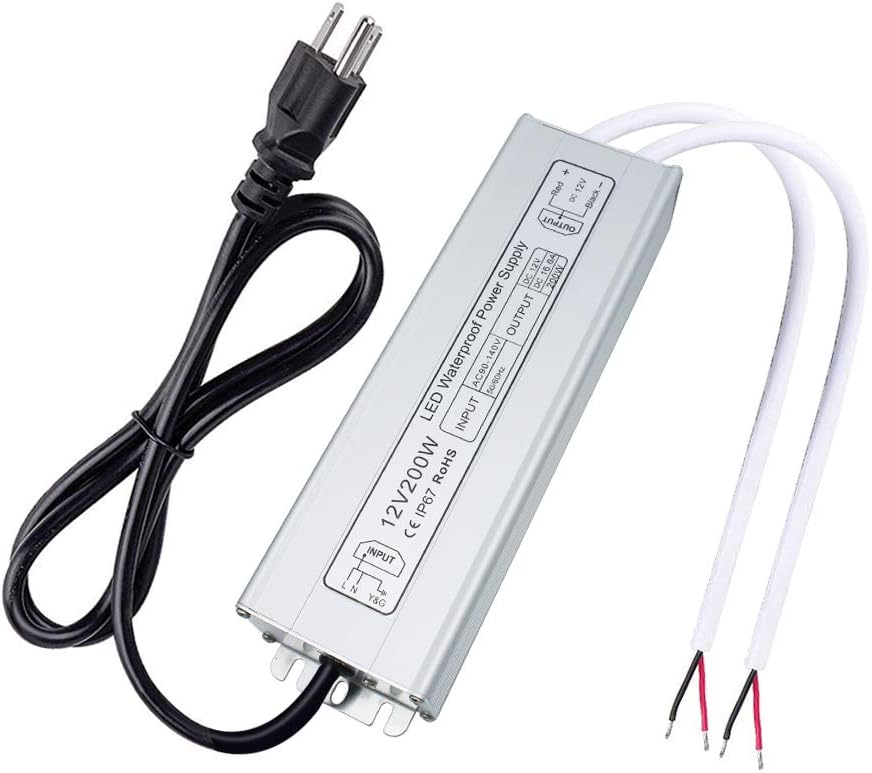 inShareplus LED Power Supply, 200W IP67 Waterproof Outdoor Driver,AC 90-265V to DC 12V 16.6A Low Voltage Transformer, Adapter with 3-Prong Plug for LED Light, Computer Project, Outdoor Use