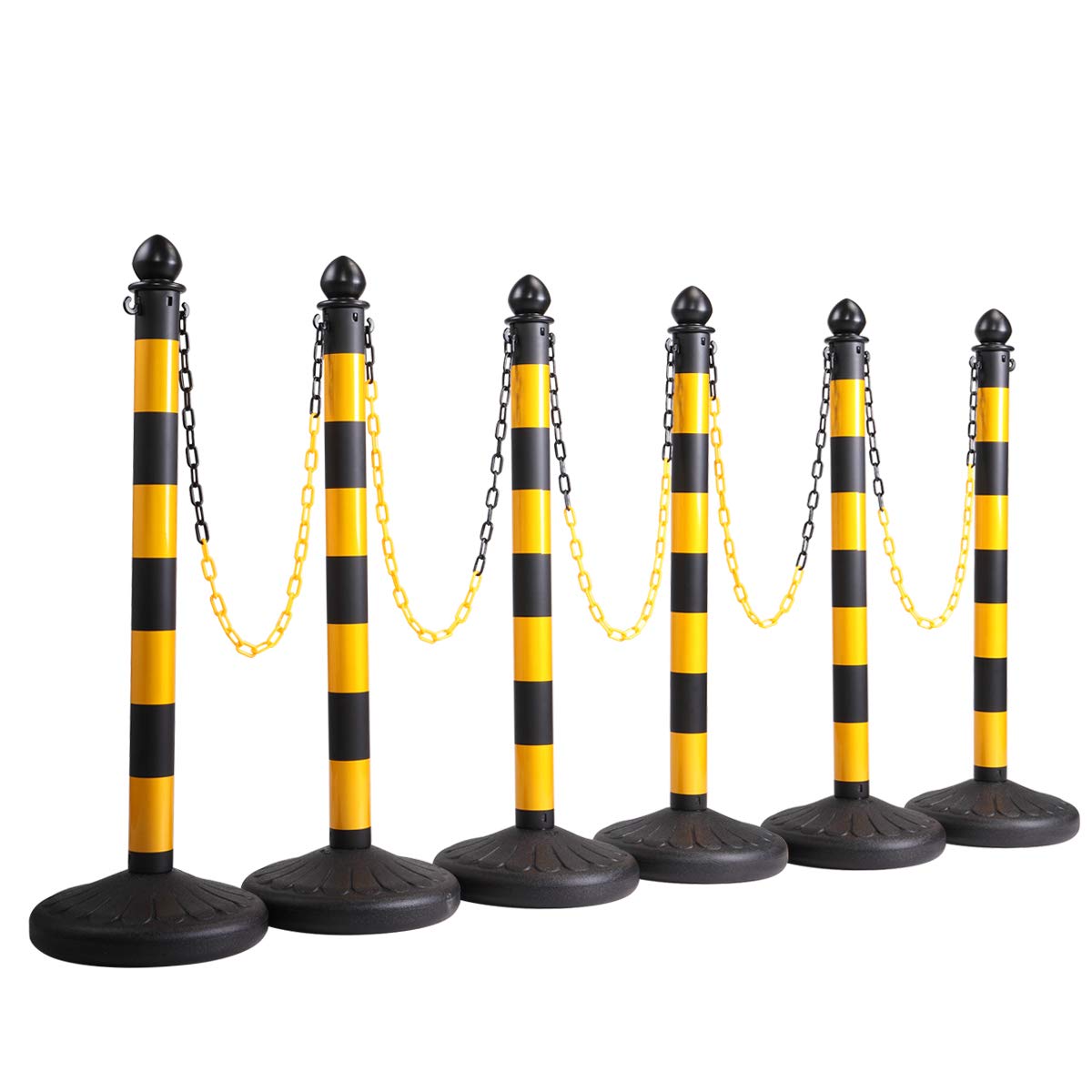 JAXPETY 6 Pack Plastic Stanchion Post Set Crowd Control Stands Barrier with 5PCS 39.4&rdquo; Link Chain and C-Hooks, Black & Yellow