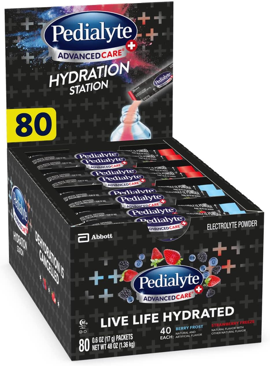 Pedialyte Multi Pack, Electrolyte Hydration Drink, 0.6 oz Electrolyte Powder Packs, 80 Count