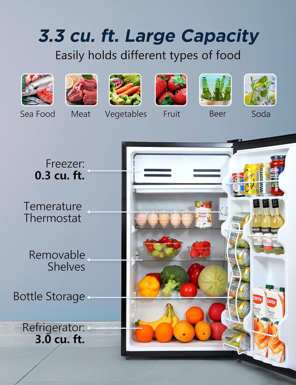 Compact Refrigerator 3.3 Cu Ft Mini Fridge with Freezer, Single Door, Low noise, Removable Glass Shelves, Compact Refrigerator for Bedroom, Office, Garage, Studio, Dorm with 3 Temperature Settings