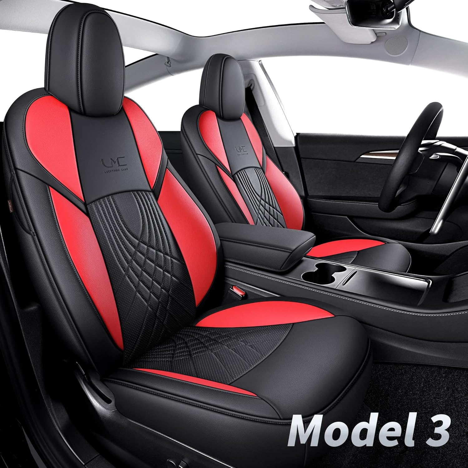 LUCKYMAN CLUB S09-SH Tesla Seat Covers Full Set, fit for 2017-2022 Model 3 with Water Proof Faux Leather (Black)