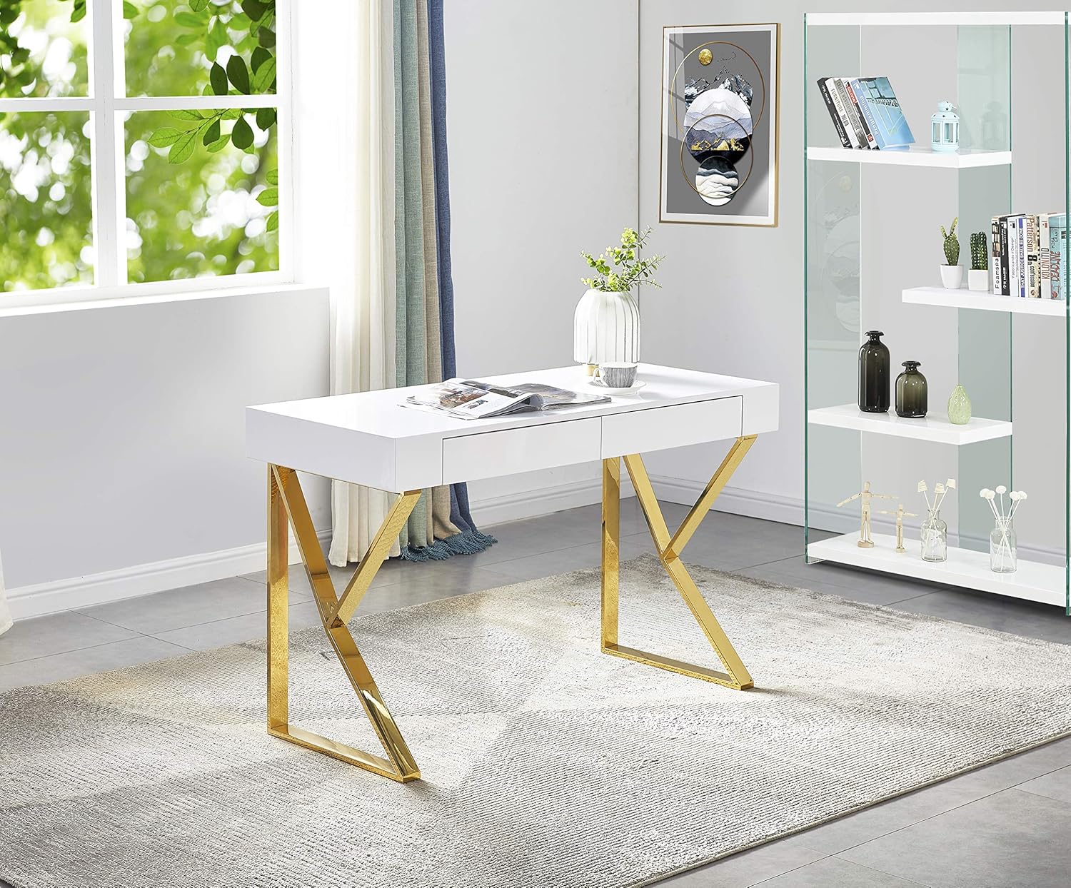 Best Master Furniture Benson High Gloss Modern Lacquer Home Office Desk, Silver Finish