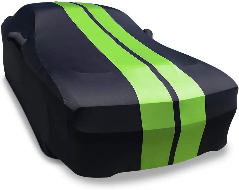 SR1 Performance Ultraguard Stretch Satin Indoor Car Cover Compatible for 2008-2022 Dodge Challenger - The Ultimate Custom FIT (Black with Red Stripes)