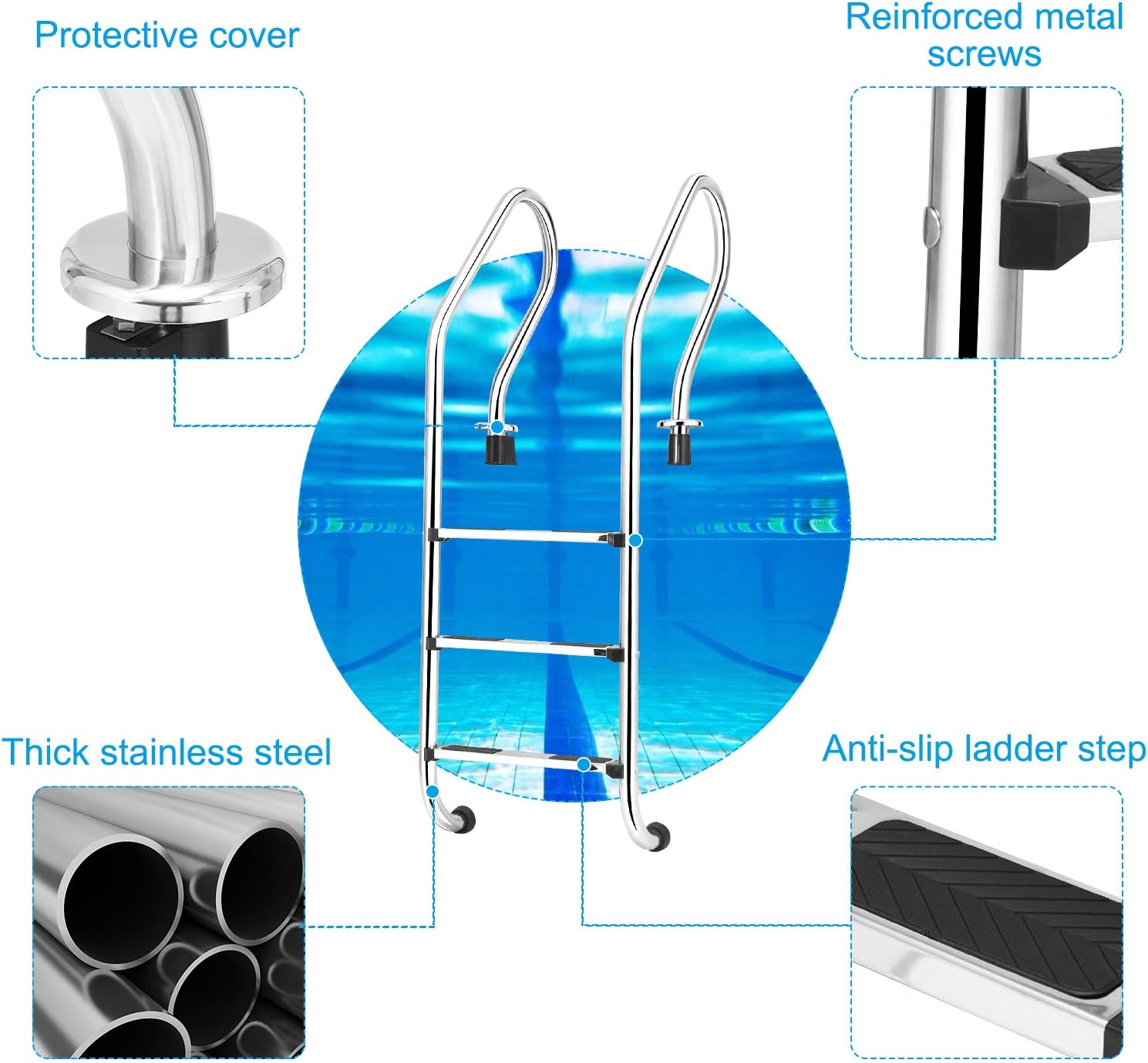 Goplus Pool Ladder w/ Non-Slip Footstep, Stainless Steel 3-Step In Ground Pool Ladder, Weight Capacity 440lbs