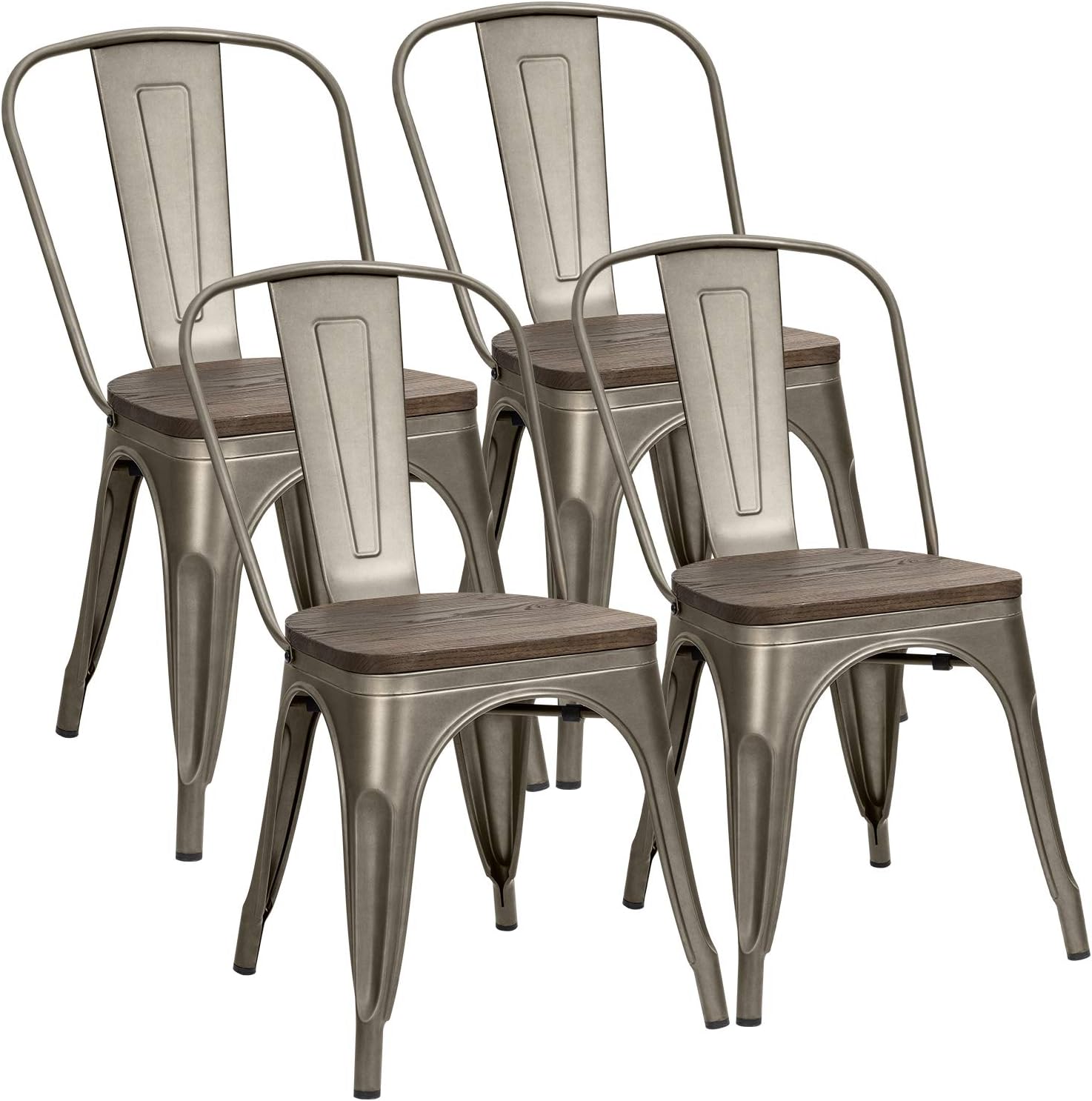 Metal Dining Chairs with Wood Seat, Distressing Tolix Style Indoor-Outdoor Stackable Industrial Chair with Back Set of 4 for Kitchen, Dining Room, Bistro and Cafe (White)