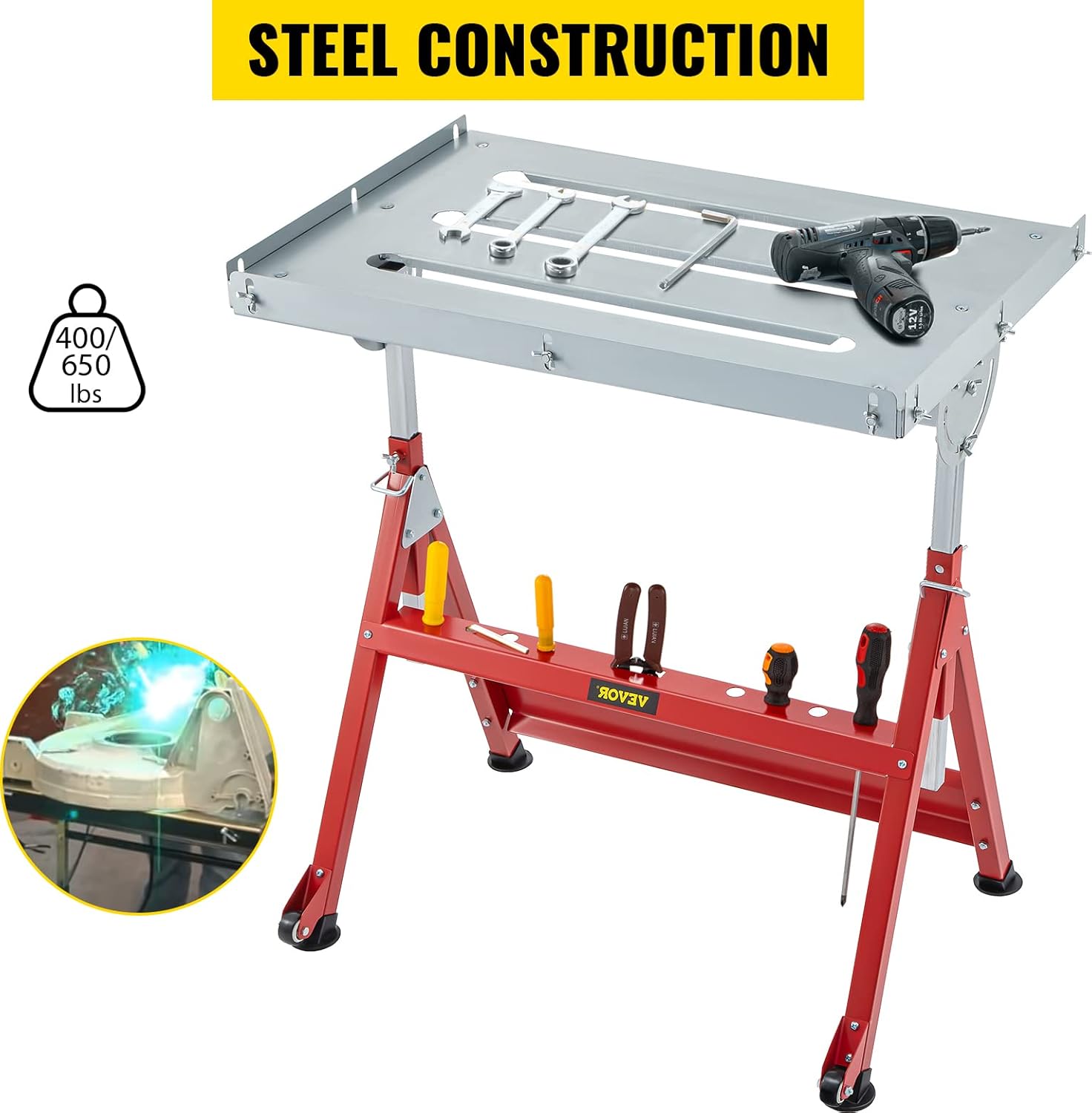 VEVOR Welding Table 36 x 24 in. Steel Welding Table Three 1.1 in. / 28mm Slots Welding Bench Table Adjustable Angle & Height Portable Table, Casters, Retractable Guide Rails, Eccentric Leveling Foot