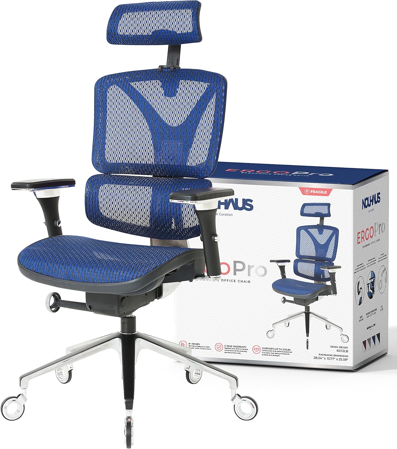 Nouhaus ErgoPRO Ergonomic Office Chair with Back Support, Computer Chair and Dorm Chair for Study. Rolling Chair with Nouhaus PROWheels, 360 Degree Swivel Chair, Mesh Office Chair. (Blue)
