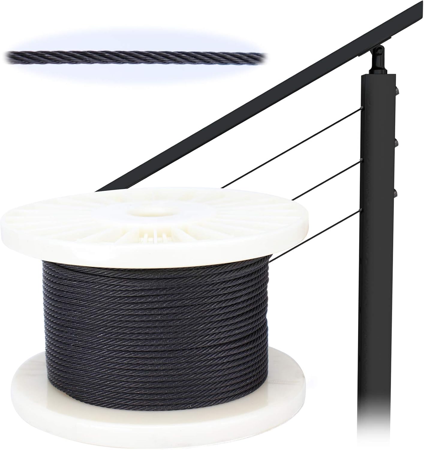 MUZATA 300ft 1/8inch T316 Black Wire Rope Cable Railing Stainless Steel Marine Grade Aircraft for Indoor Stair Deck DIY Balustrade Hanging Fencing 7x7 Strand WR19, WP1 BR1