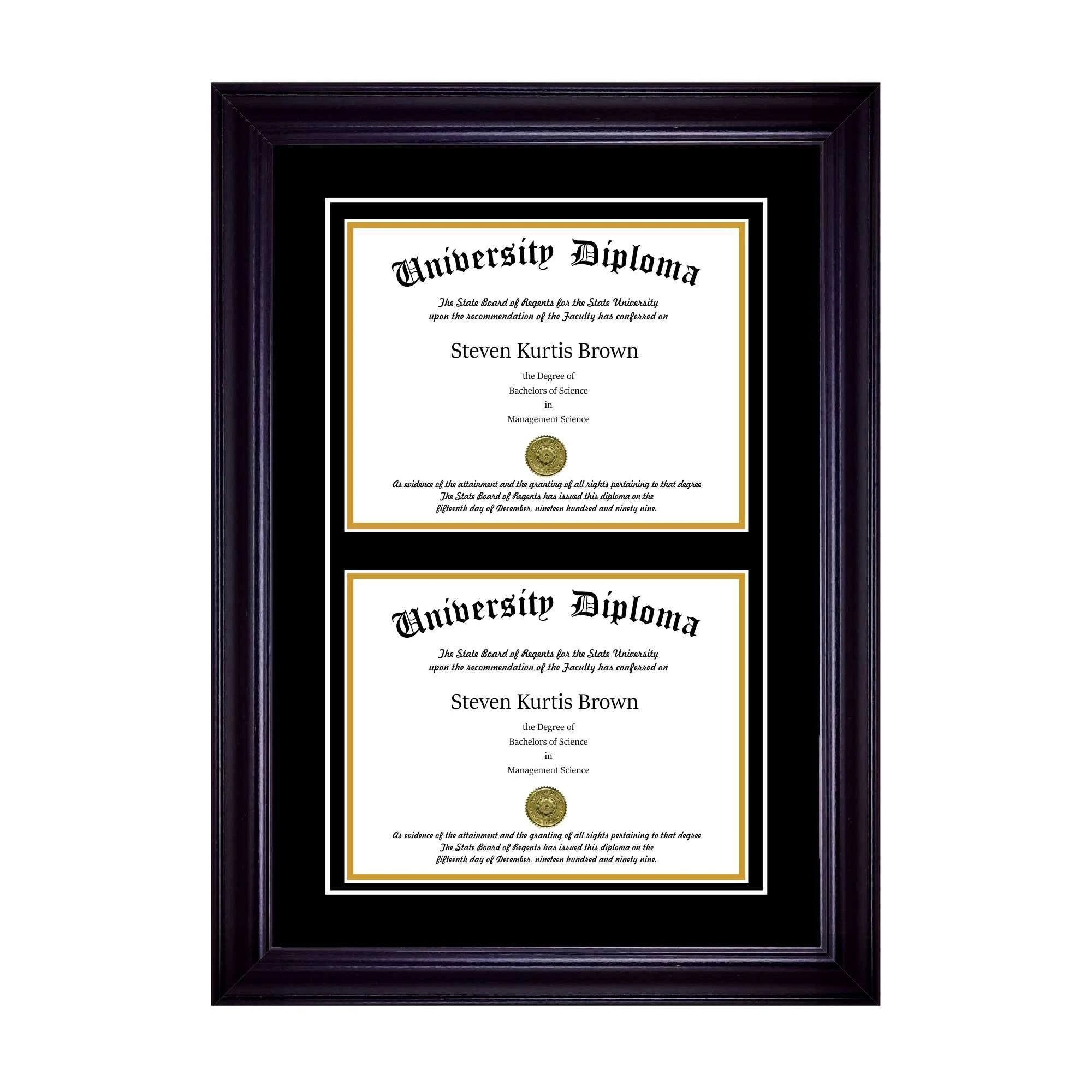 Perfect Cases Double Diploma Frame with Double Matting for 14x22 x 11x22 Tall Diploma with Black 2x22 Frame