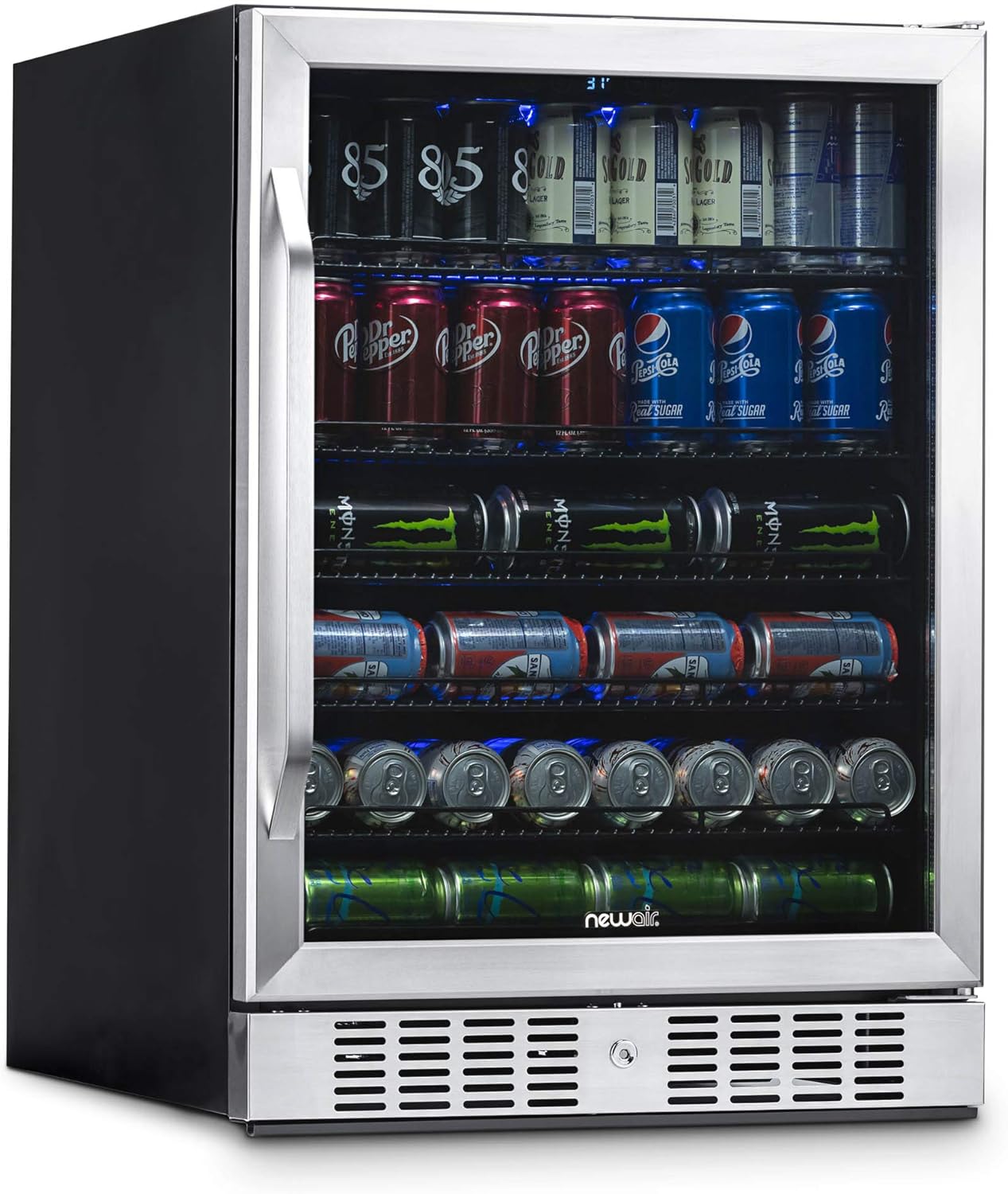 NewAir Large Beverage Refrigerator Cooler with 177 Can Capacity - Mini Bar Beer Fridge with Reversible Hinge Glass Door And Bottom Key Lock - Cools to 34F - Stainless Steel ABR-1770