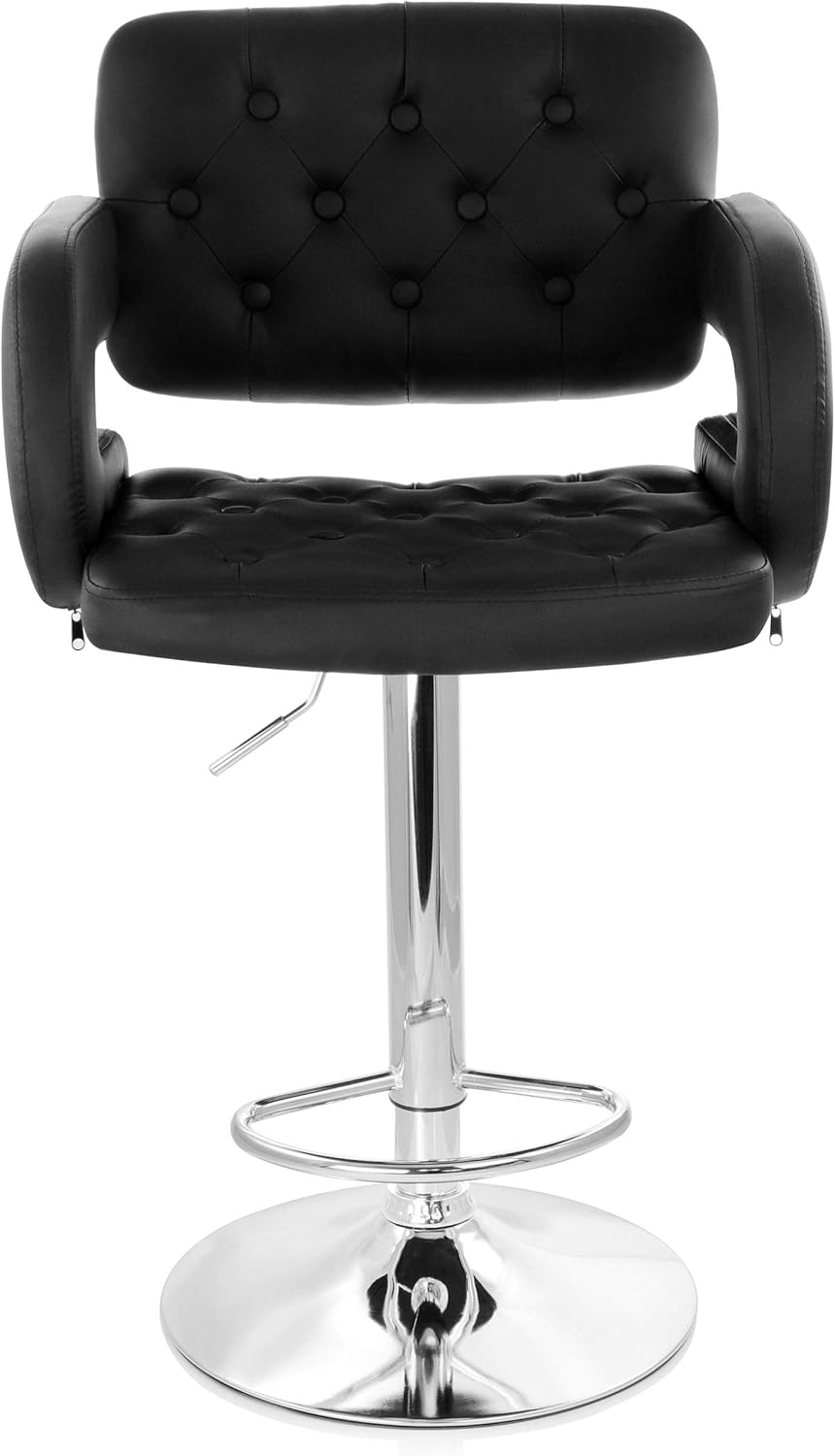 Elama Modern Faux Leather Tufted Bar Stool in Black with Chrome Base and Adjustable Height, Black, Chrome