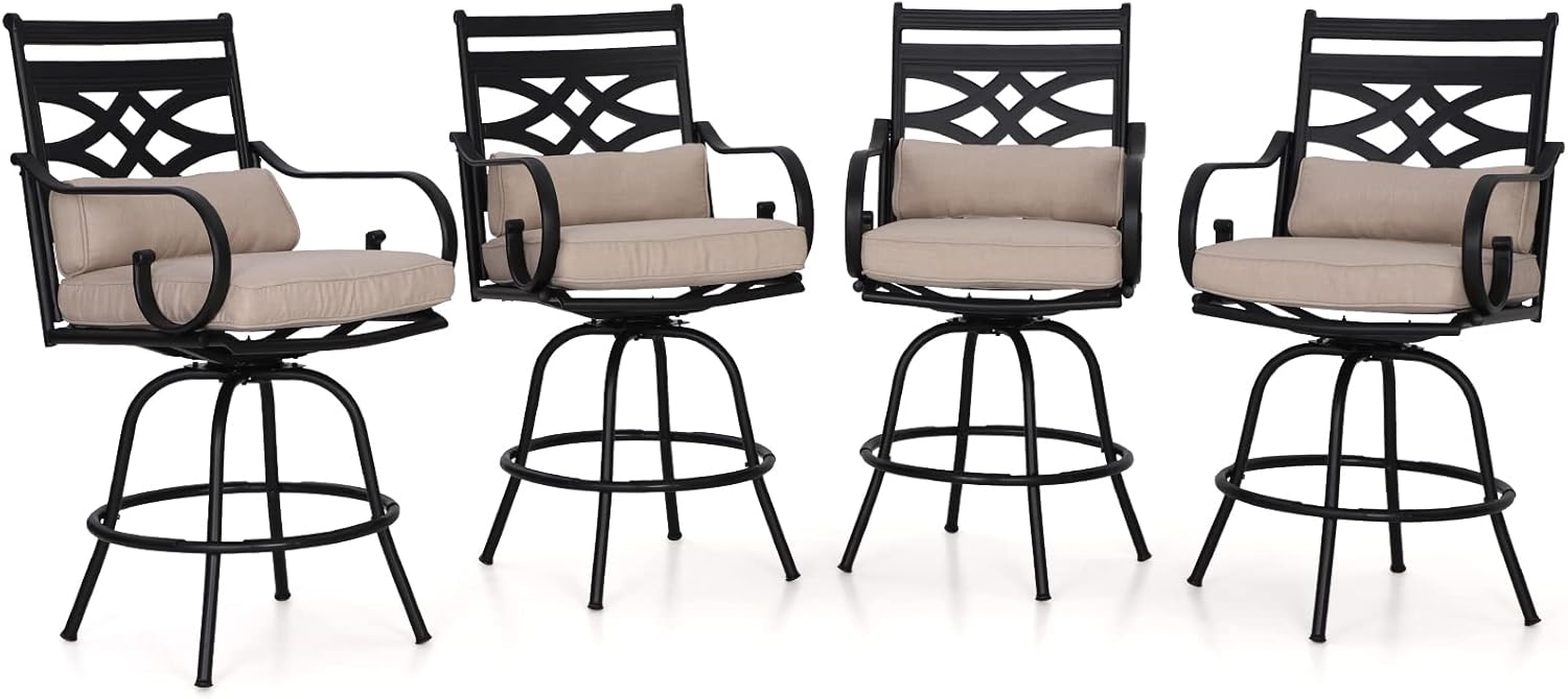 MFSTUDIO 4 PCS Patio Barstools, 360&deg; Swivel Metal Bar Height Bar Chair with Seat & Back Support Cushion, All-Weather Resistant, Black