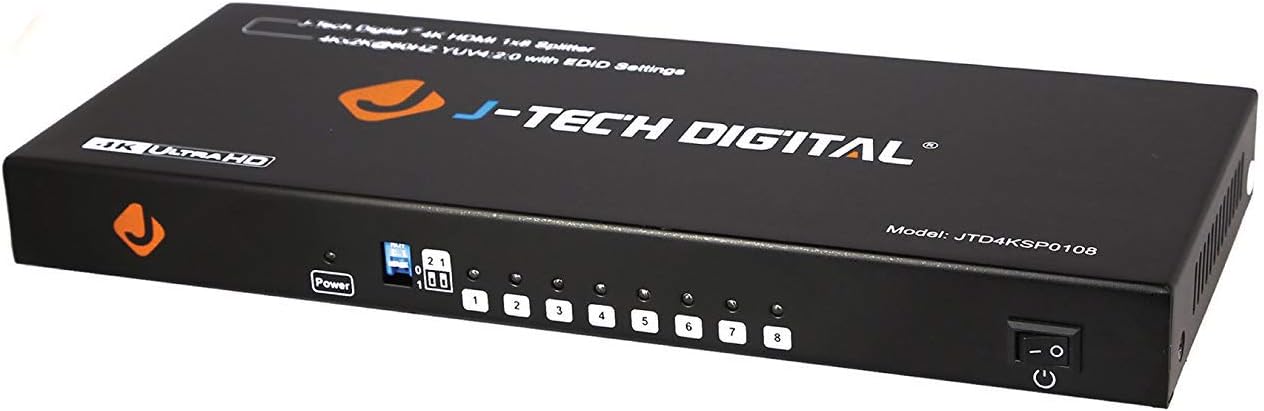 J-Tech Digital JTD4KSP0108 Premium Quality Ultra HD 4K 60HZ 1x8 HDMI Splitter High Resolutions Up To 4Kx2K 36-Bit Deep Color Pack of 2