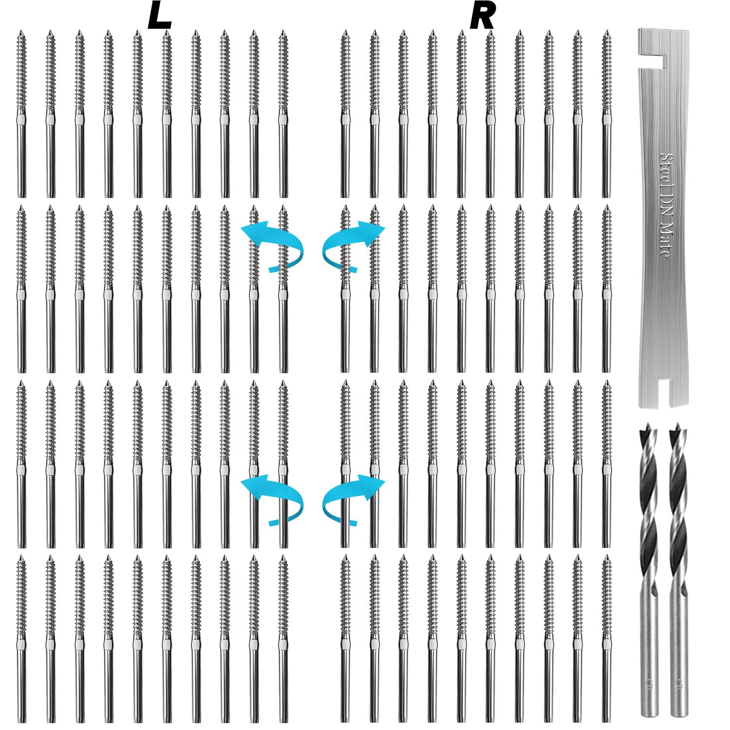 Steel DN Mate 80 Packs T316 Stainless Steel Right&Left Handed Thread Swage Lag Screws for Wood Post of 1/8