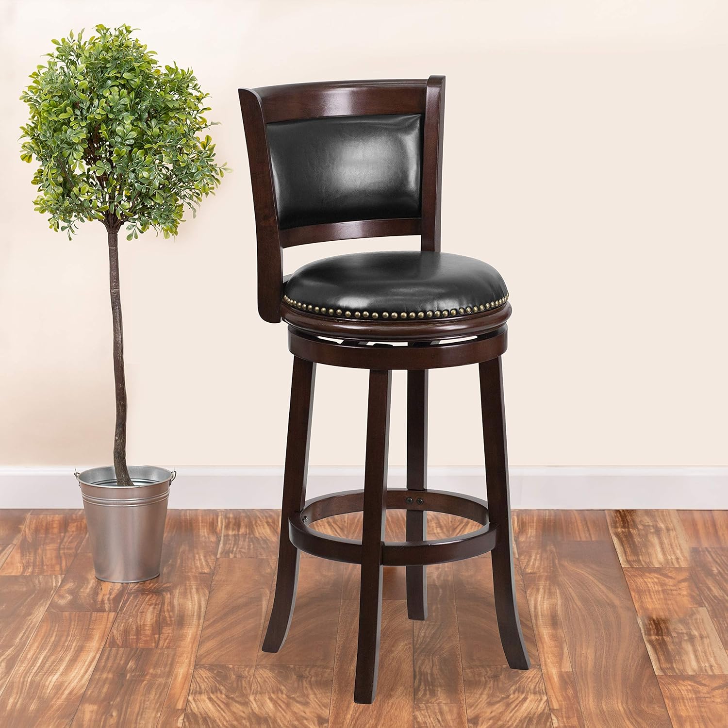 Flash Furniture 29'' High Cappuccino Wood Barstool with Panel Back and Black LeatherSoft Swivel Seat