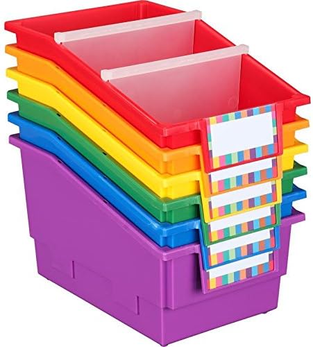 Really Good Stuff Large Plastic Labeled Book and Organizer Bin for Classroom or Home Use – Sturdy Plastic Book Bins in Fun Assorted Colors – Set of 6 Pack of 2