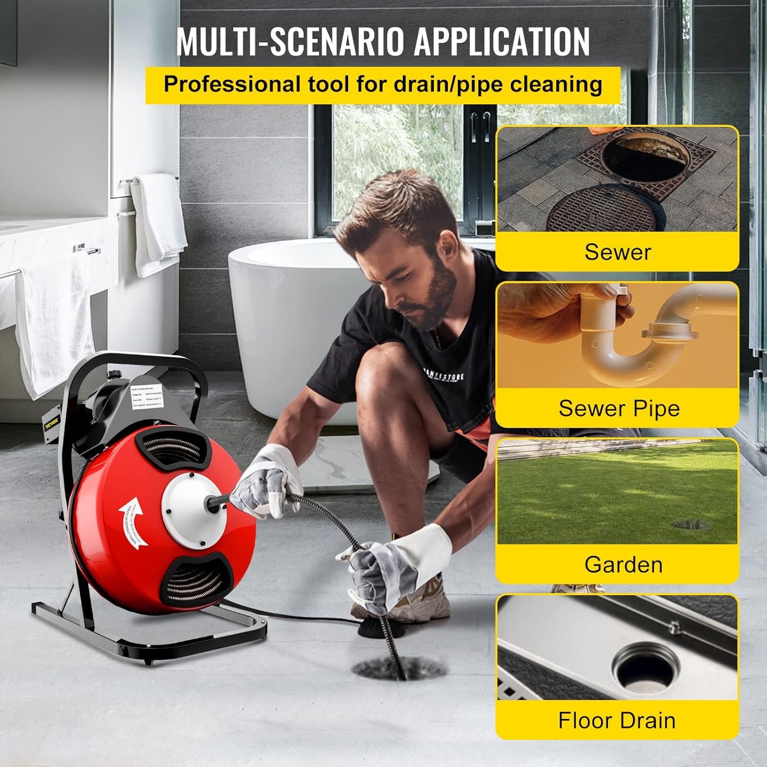 VEVOR 50FTx1/2Inch Drain Cleaner Machine Electric Drain Auger with 4 Cutter & Foot Switch Drain Cleaner Machine Sewer Snake Drill Drain Auger Cleaner for 1