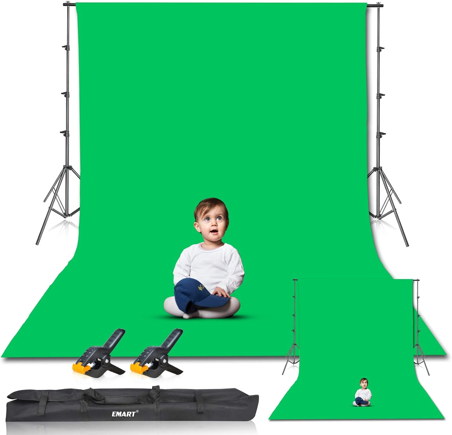 EMART Photo Video Studio 8.5 x 10ft Green Screen Backdrop Stand Kit, Photography Background Support System with 10 x12ft 100% Cotton Muslin Chromakey Backdrop Pack of 2