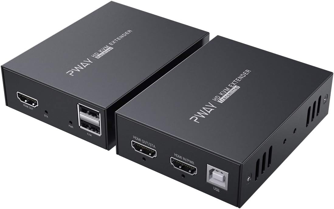 HDMI KVM USB Extender, PWAY Audio Video Extender Over Ethernet Cat5e/6 Up to 50m/164ft, Transmit 1080P 3D Signal Losslessly Support Remote Control by Mouse Keyboard Pack of 2
