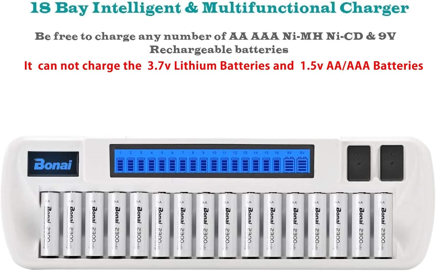 Bonai 16+2 Bay Rechargeable Battery Charger for NiMH AA AAA 9V Batteries (Updated, High Speed Charging) with Smart LCD Display and AC Wall Adapter Pack of 2